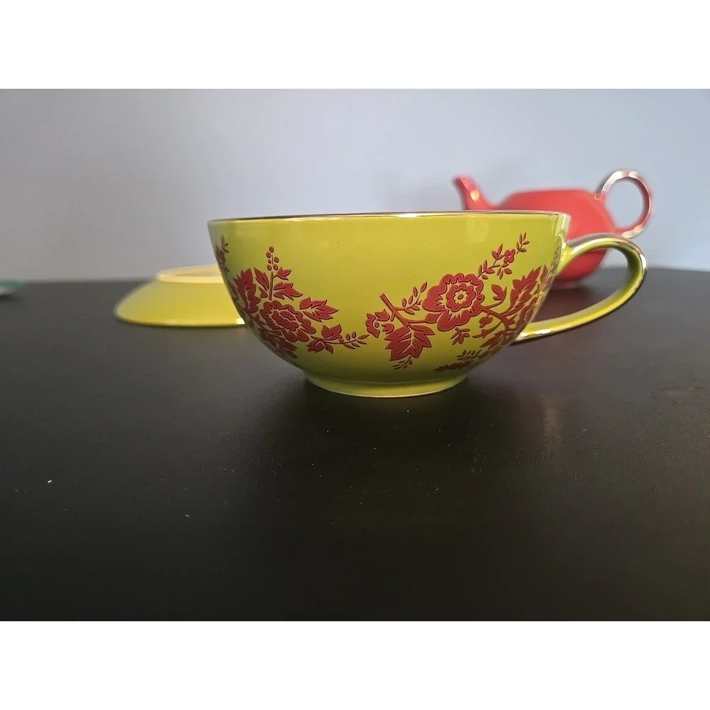 Teapot For One with‎ Tea Cup and Saucer Red Green Flowers
